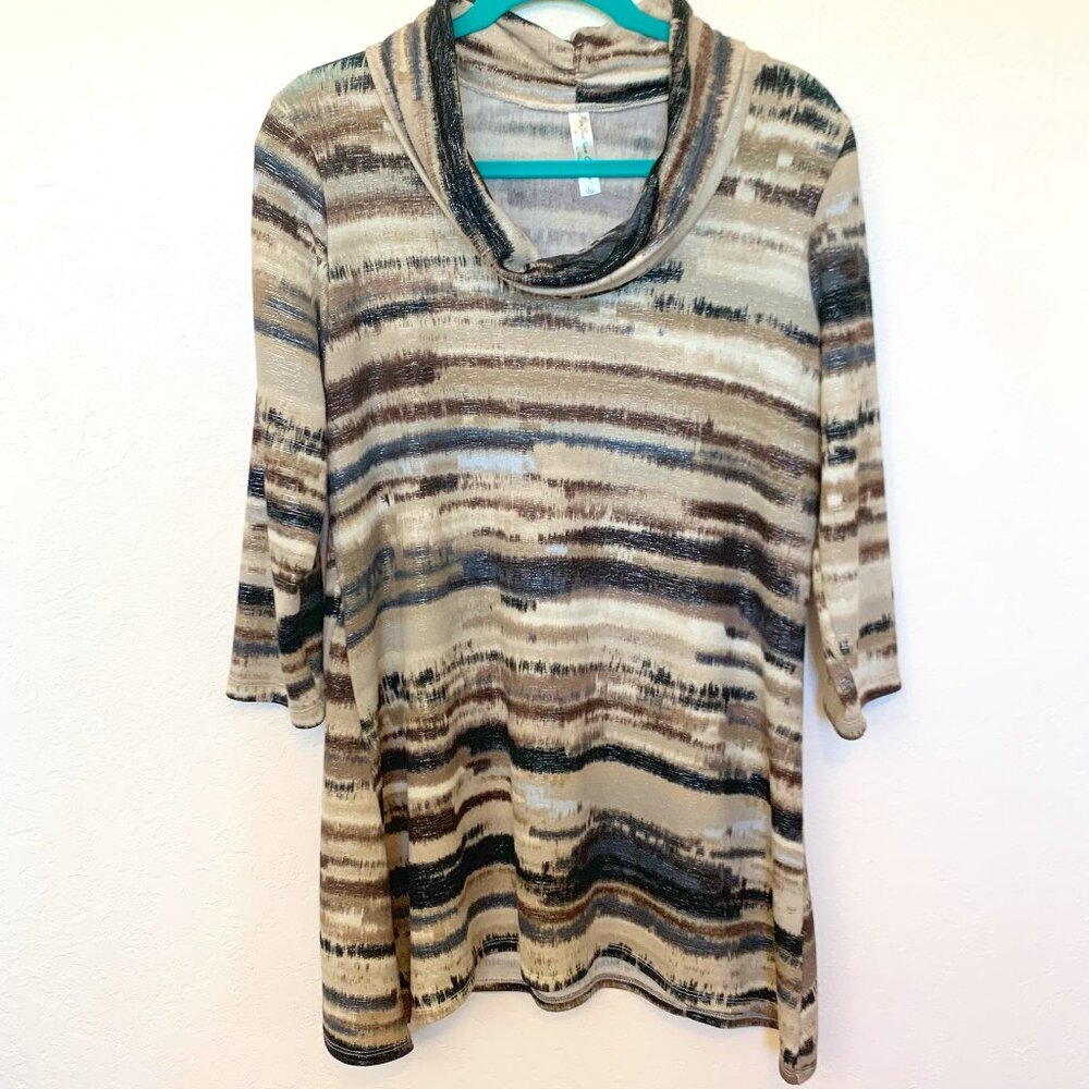 Long tunic top LG Cowl neck ¾ sleeve Per Seption Concept blouse Metallic threads